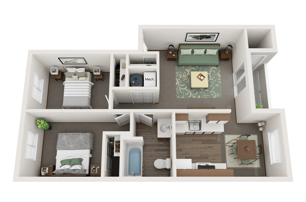 Floor plan for 2 beds, 1 bath, 804 sqft